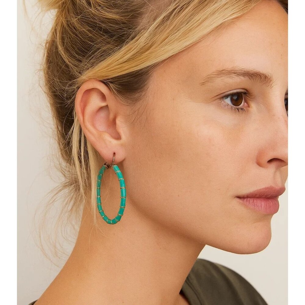Turquoise Enamel Segmented Hoop Earrings With Omega Backs 1.75" Diameter